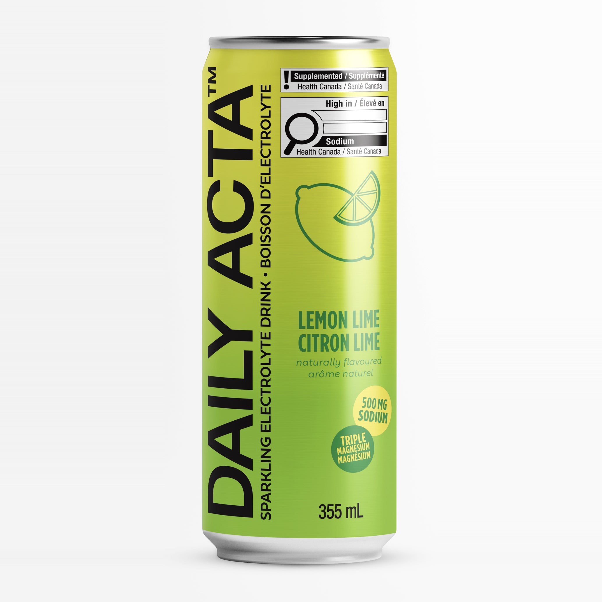 A 355 mL can of Daily Acta Lemon Lime electrolyte drink on a solid black background. The can features a bright lime green design with bold black vertical text reading 'DAILY ACTA' and a simple lime graphic.